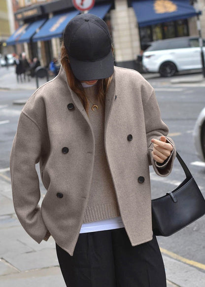 Double Breasted Woolen Coat Taupe Tailored Style