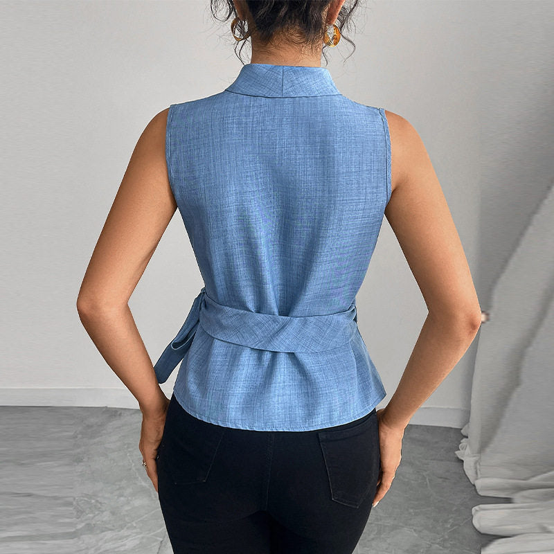 Solid Color Tie Waist Slim Vest