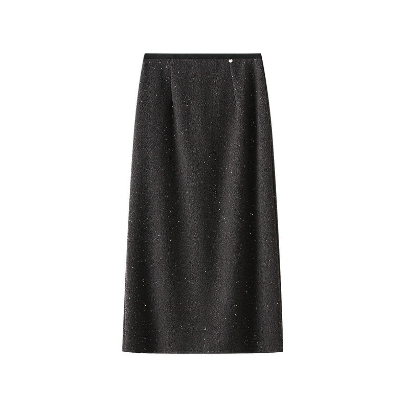 High Waist Slit Long Skirt In Bright Silk Wool
