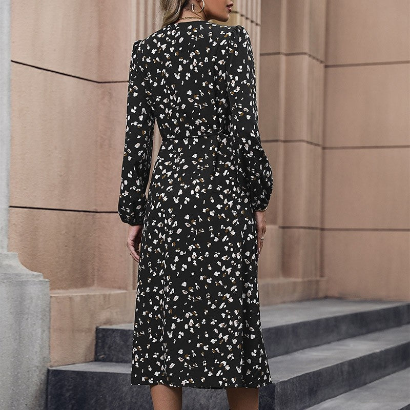 Black V-Neck Waisted Lantern Sleeve Printed Dress