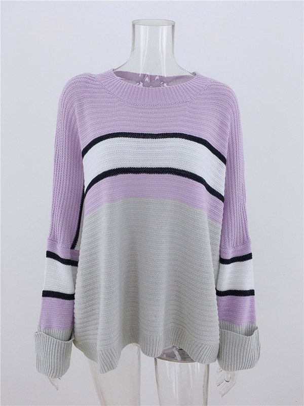 Casual Loose Contrast Color Striped Round-Neck Sweater Tops