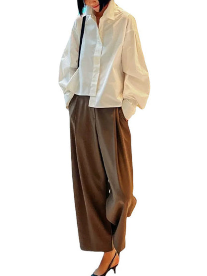 High-Low Long Sleeves Asymmetric Buttoned Solid Color Split-Side Lapel Blouses&Shirts Tops