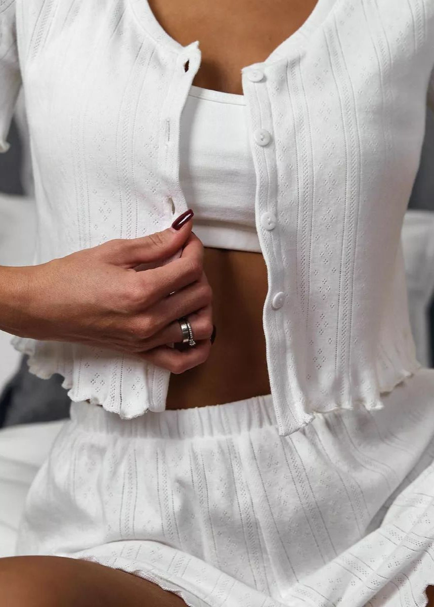 Two Piece Lounge Set Cotton Blend Ruffle Trim