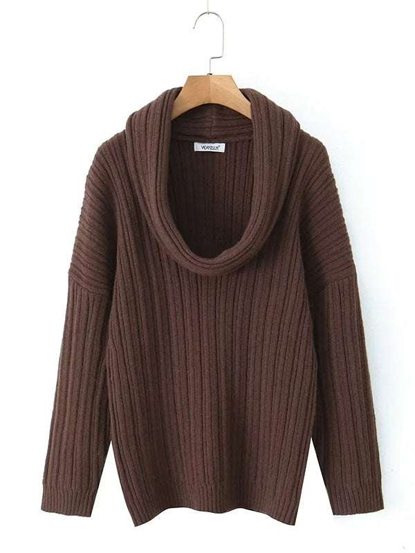 Long Sleeves Loose Pleated Solid Color Split-Joint Off-The-Shoulder Sweater