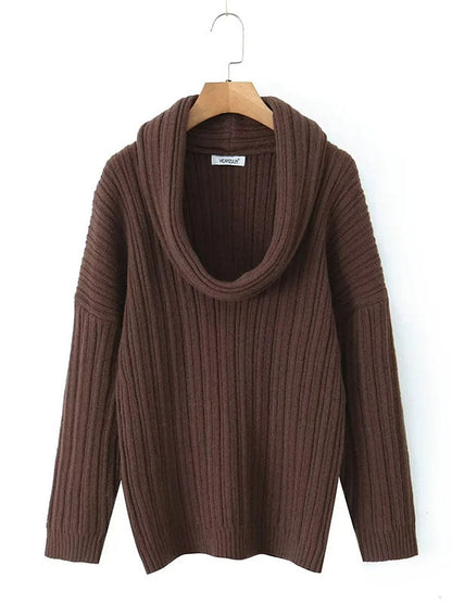 Long Sleeves Loose Pleated Solid Color Split-Joint Off-The-Shoulder Sweater