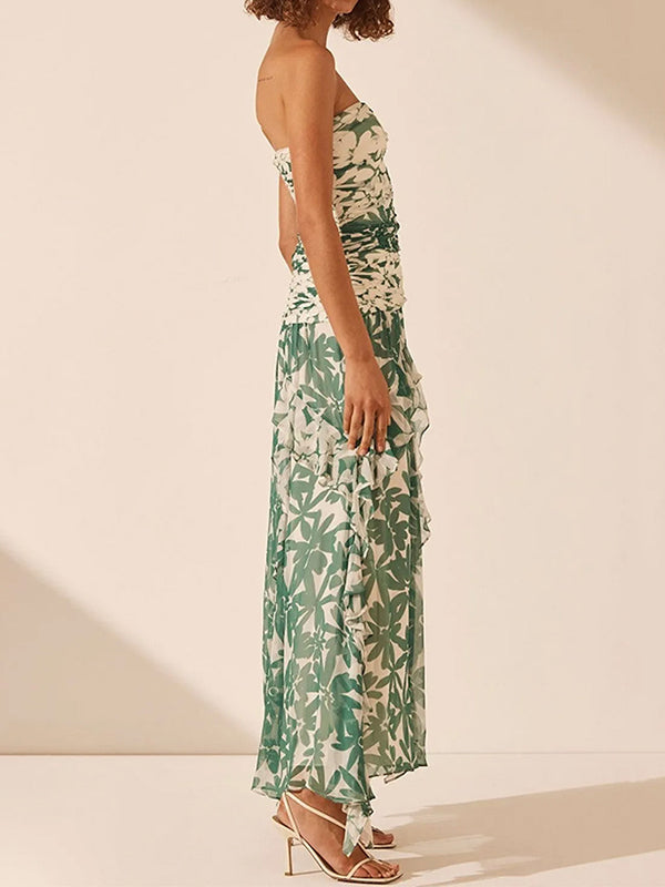 Flower Printed Ruffled Pleated Sleeveless Tube Maxi Dresses