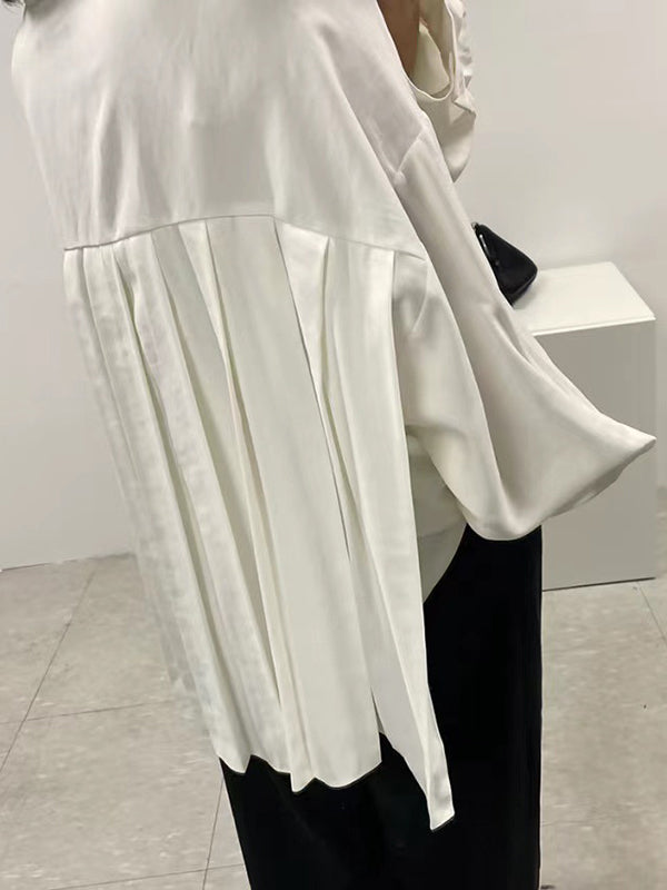 Loose Wrap Buttoned Pleated Solid Color Lapel Blouses&Shirts Tops