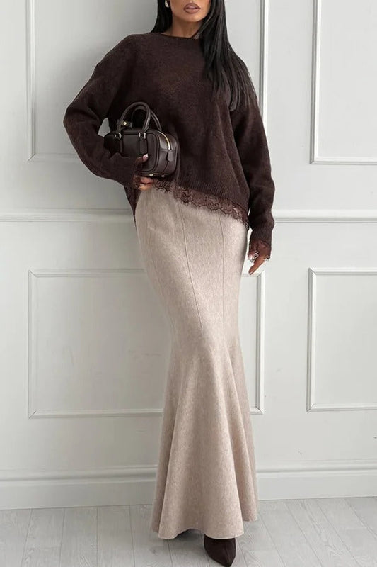 Caitlin Knit Stretch Fabric High Waist Fishtail Casual Maxi Skirt