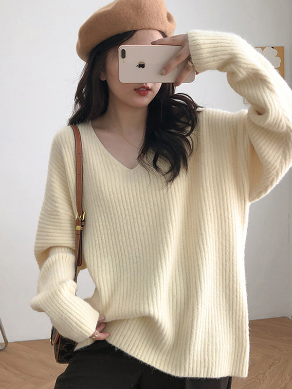Simple Long Sleeves Loose Solid Color V-Neck Sweater Tops