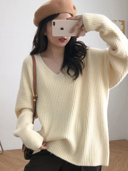 Simple Long Sleeves Loose Solid Color V-Neck Sweater Tops