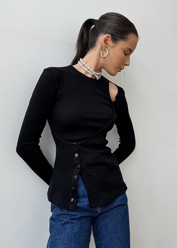 Black Knit Top With Asymmetric Cutout Design