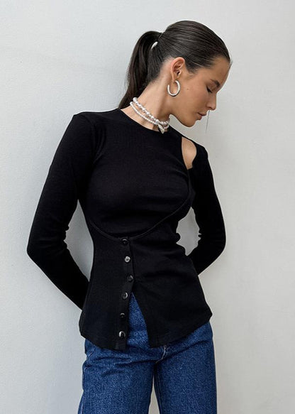 Black Knit Top With Asymmetric Cutout Design