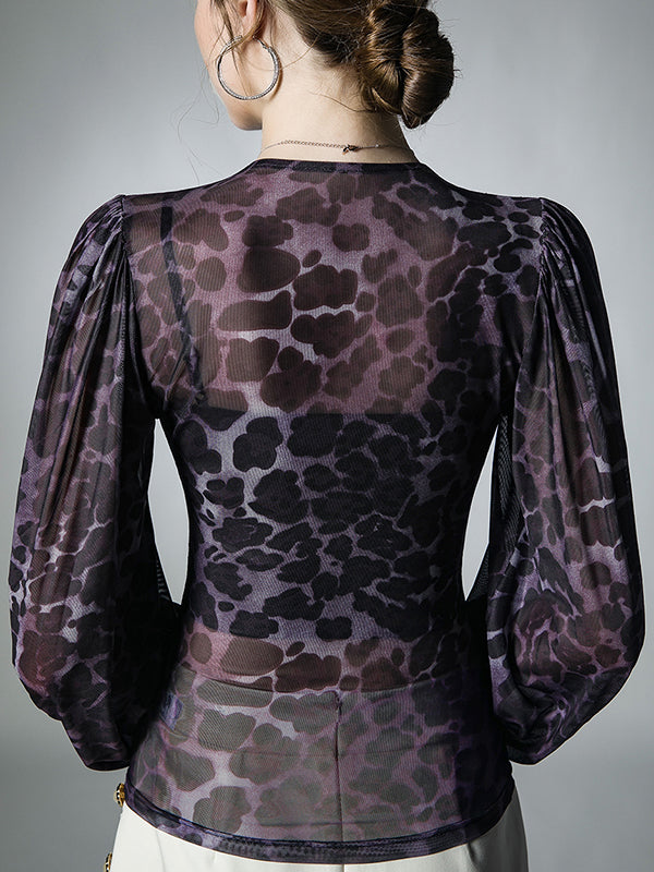 Long Sleeves Plus Size Leopard V-Neck T-Shirts Tops
