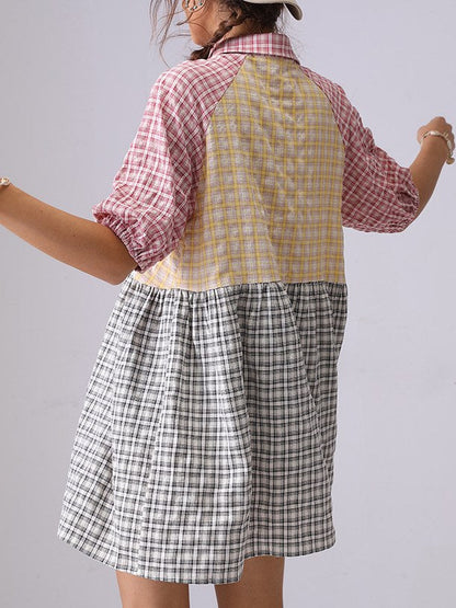 Colorful Plaid Splicing Lapel Mini Dress