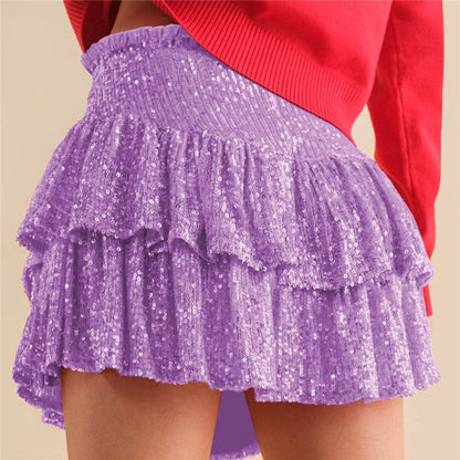 Sequin Mini Skirt- Solid Color Pleated A-Line Skirt