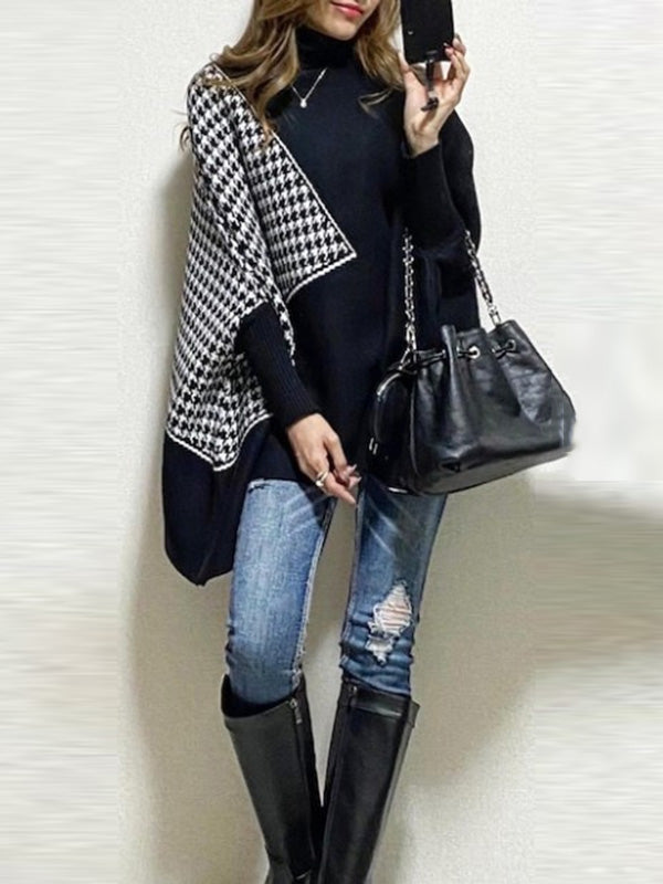 Original Loose Batwing Sleeves Contrast Color Plaid High-Neck Sweater Tops