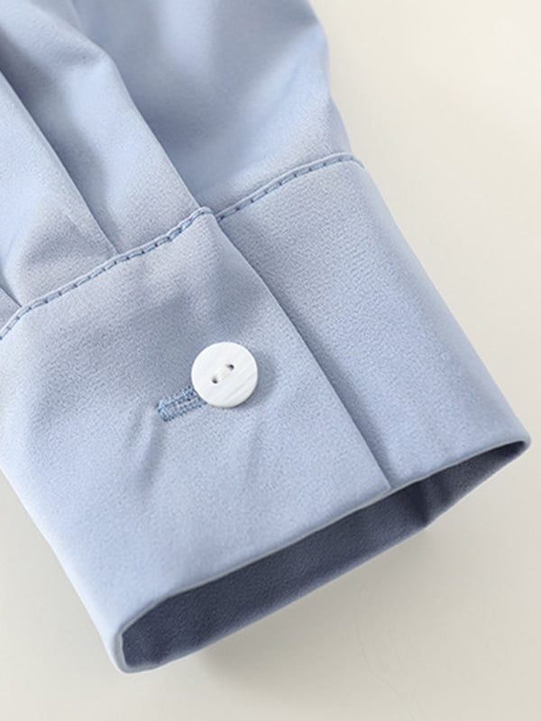 Long Sleeves Knot Pleated Solid Color Split-Joint Lapel Blouses&Shirts Tops