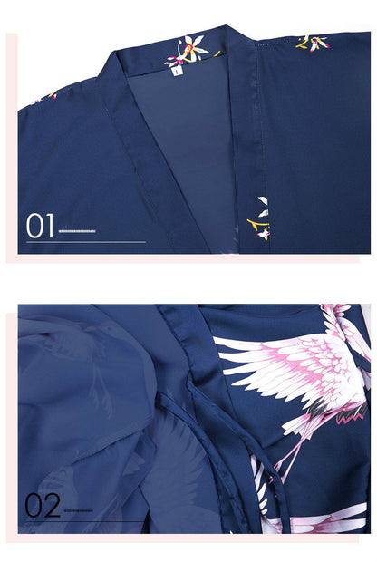 Silk Crane Pajama Girl Summer Mid Sleeve Bride Morning Robe Big Yard Home Robe Bathrobe Color56