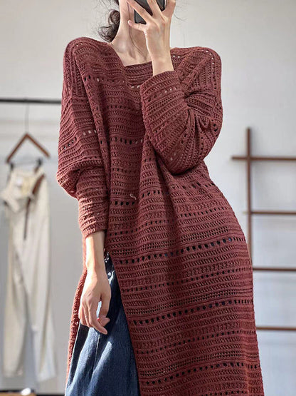 Long Sleeves Loose Hollow Solid Color Split-Front Round-Neck Sweater Dresses