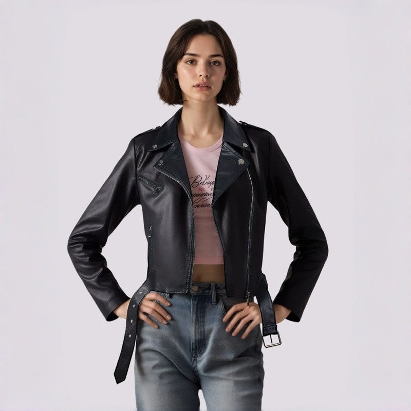 PU Retro Belted Biker Jacket Lapel Collar