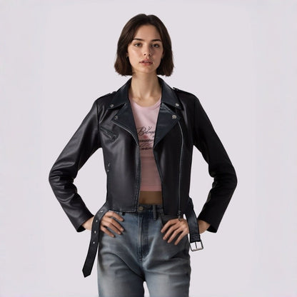 PU Retro Belted Biker Jacket Lapel Collar