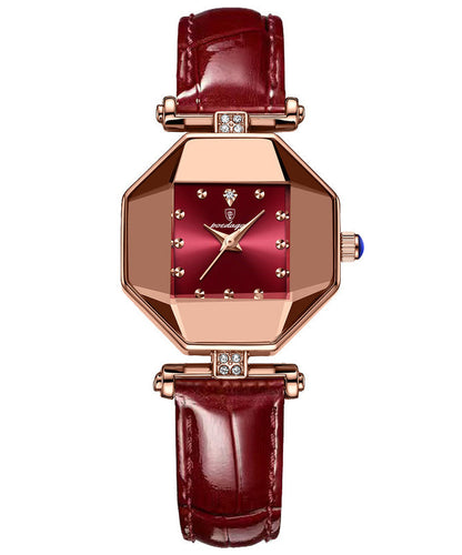 New Red Leather Waterproof Quartz Movement Mineral Tempere Glass Watches