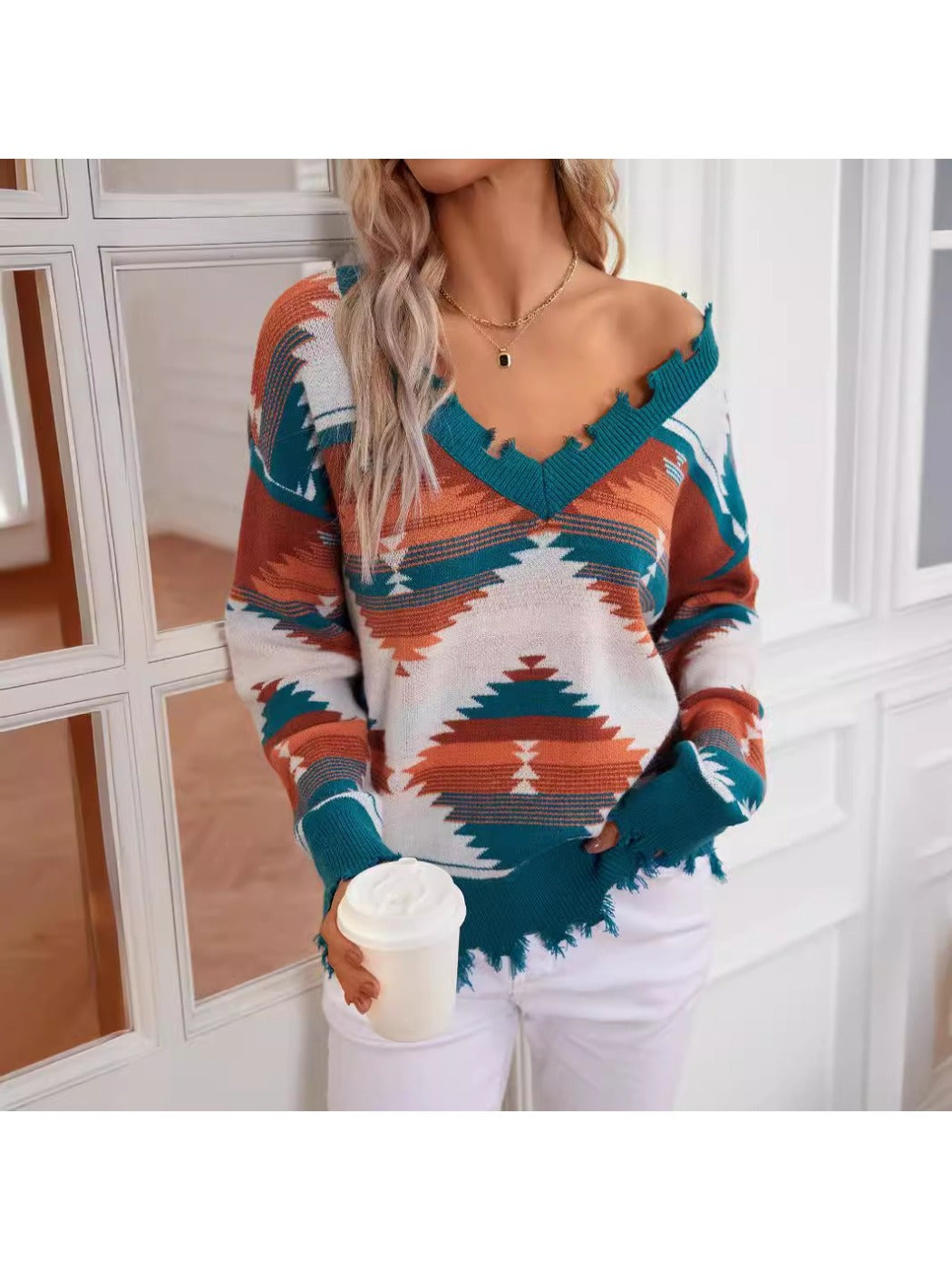 Crosa - Distressed Knit V-Neck Sweater with Geometric Patterns