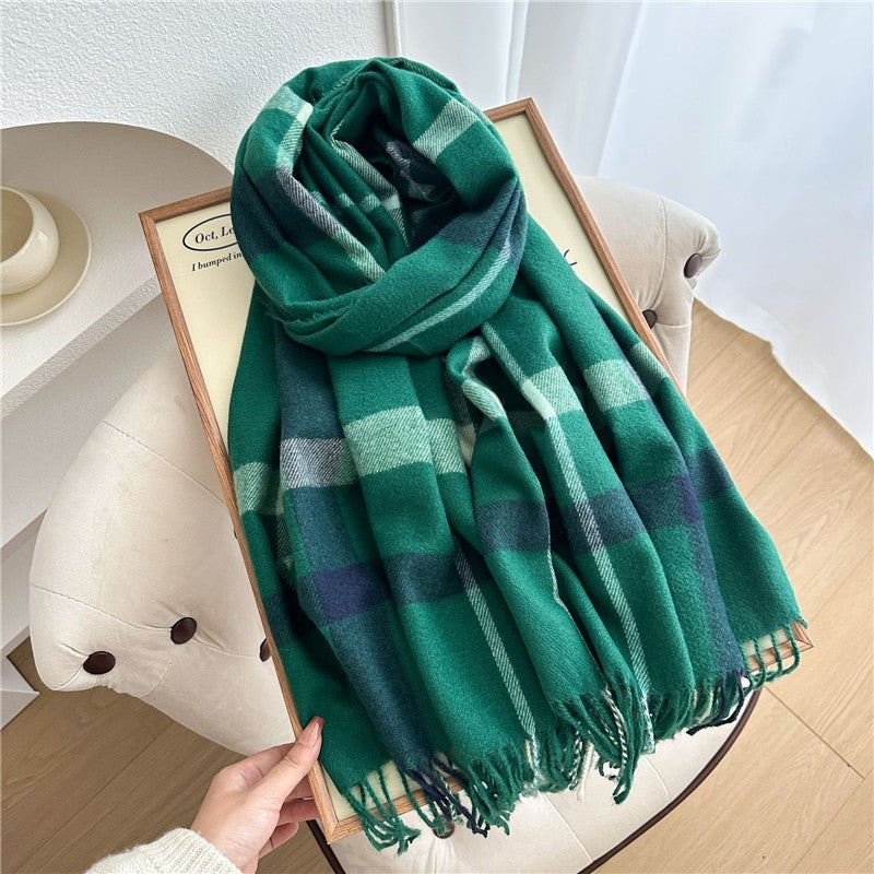 Color Block Plaid Fringe Scarf