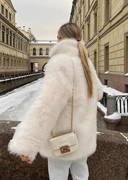 White Faux Fur Short Coat With High Collar