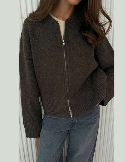 Casual Solid Color Zip Up Knit Cardigan