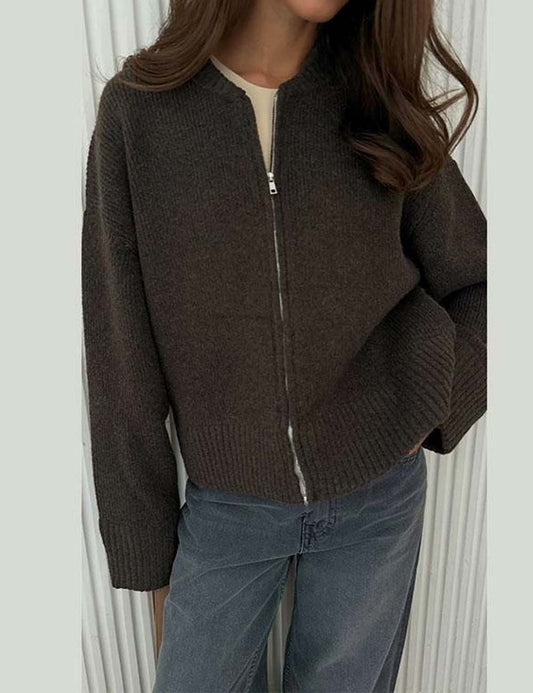 Casual Solid Color Zip Up Knit Cardigan