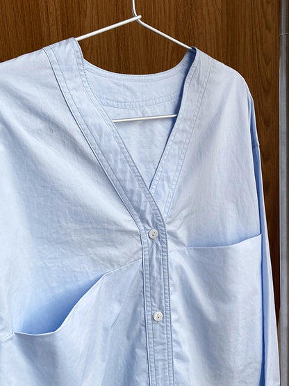 Long Sleeves Loose Buttoned Solid Color Split-Joint V-Neck Blouses&Shirts Tops