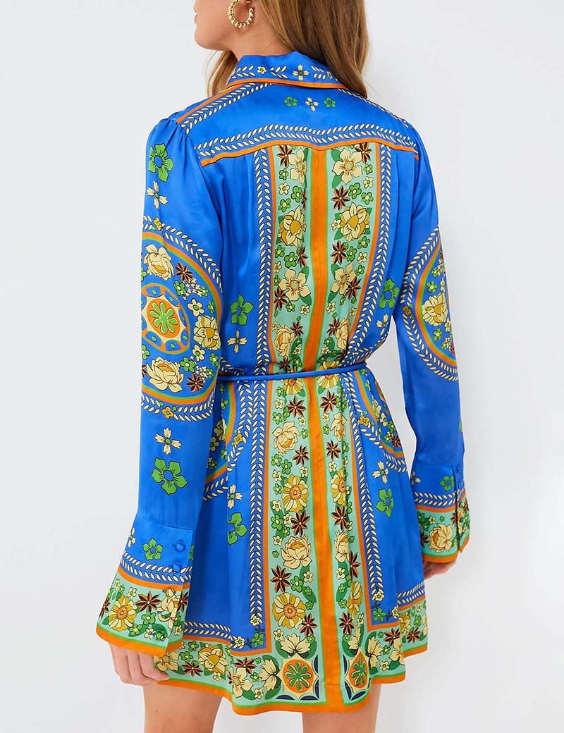 Lapel Floral Buttons Belt MIni Dresses