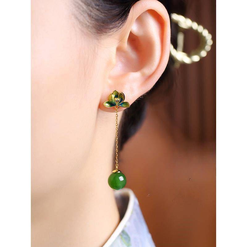 Jasper Lotus Heart Tibetan Style Enamel Color Lotus 925 Silver Jade Earrings Women'S Fringed Earrings