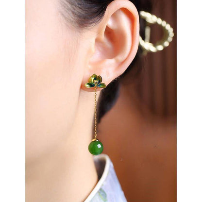 Jasper Lotus Heart Tibetan Style Enamel Color Lotus 925 Silver Jade Earrings Women'S Fringed Earrings