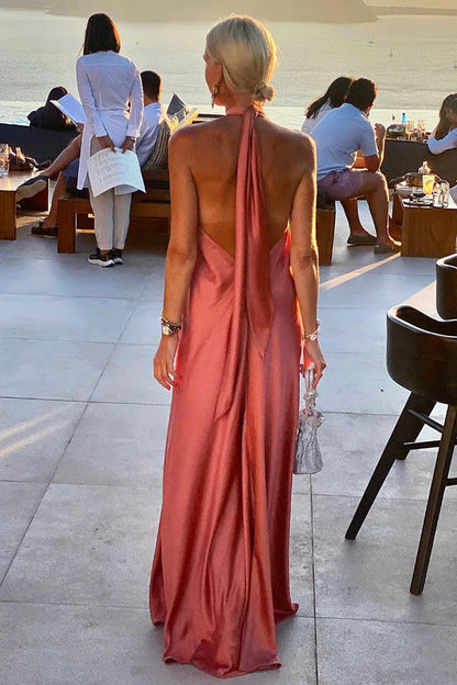 Classy and Fabulous Satin Halter Backless Party\/Vocation Maxi Dress