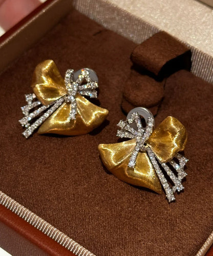 Boho Gold Alloy Asymmetrical Bow Zircon Silk Stud Earrings
