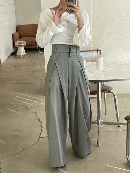 Wide Leg Pockets Solid Color Zipper Casual Pants Bottoms
