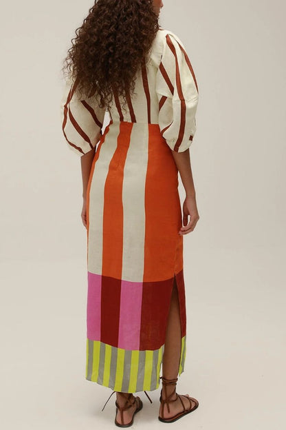 Kaya Linen Blend Color Block Print Front Cutout Knot Puff Sleeve Maxi Dress