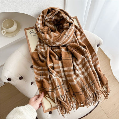 Color Block Plaid Fringe Scarf