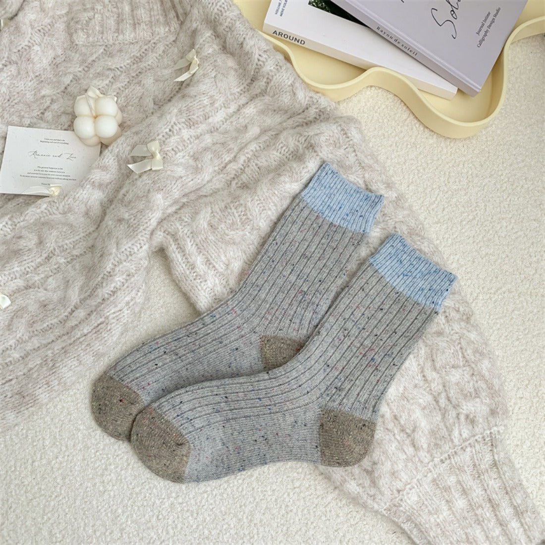 Rufia - Color Block Polka Dot Thermal Mid-Calf Socks