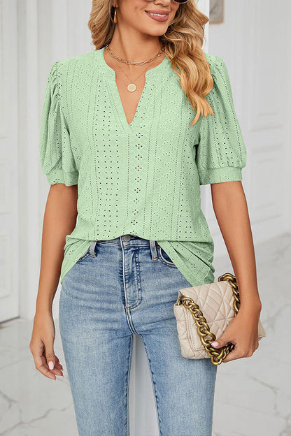 Casual v-neck solid color hollow puff sleeve loose t-shirt top women