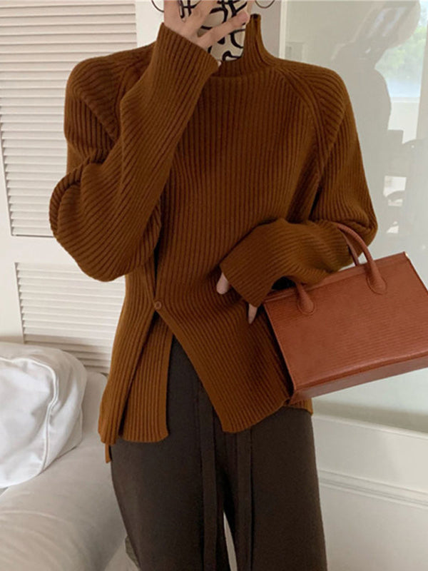 Urban Long Sleeves Split-Side Solid Color High-Neck Sweater Tops Pullovers