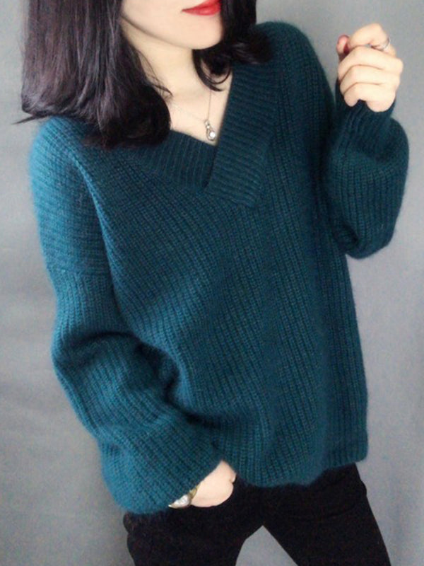 Loose Long Sleeves Solid Color V-Neck Sweater Tops
