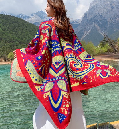Multi-Purpose Tibetan Style Shawl Cashew Flower Cloak Winter Warm Open National Wind Air-Conditioning Scarf