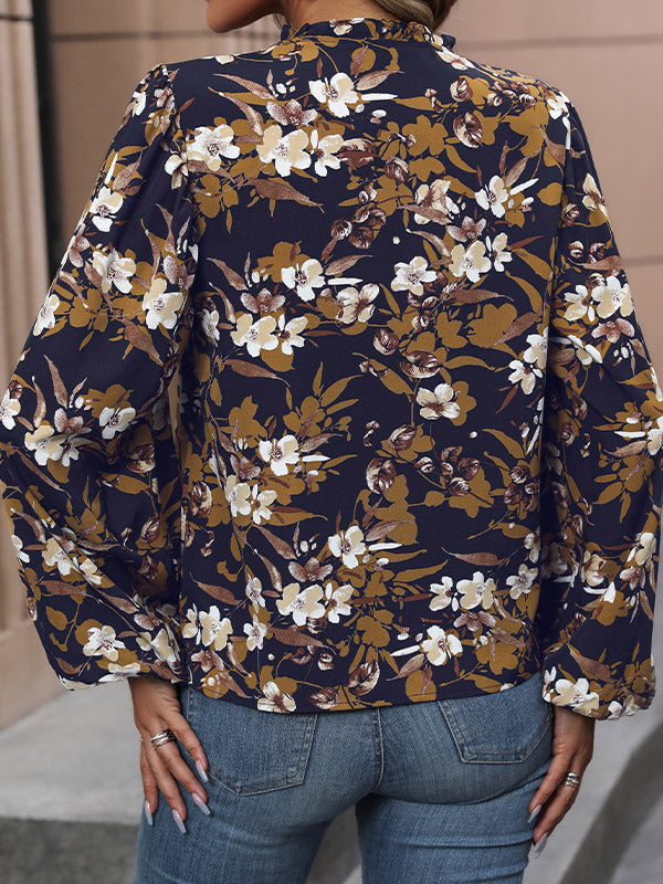 Long Sleeves Loose Flower Print V-Neck Blouses&Shirts Tops