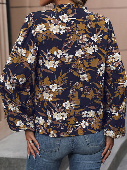 Long Sleeves Loose Flower Print V-Neck Blouses&Shirts Tops