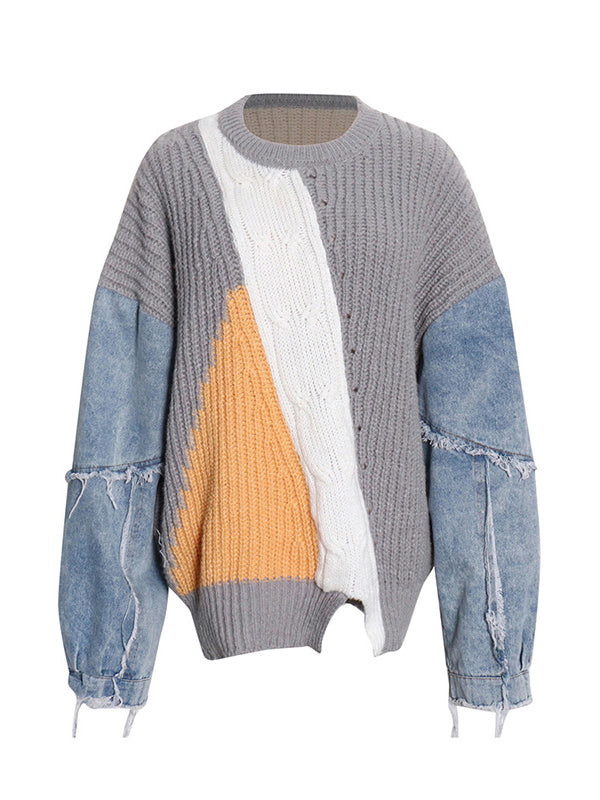 Stylish Denim Knitting Split-Joint Contrast Color Sweater Top