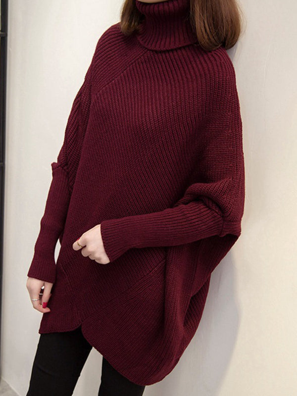 Casual Loose Batwing Sleeves Solid Color High-Neck Sweater Tops