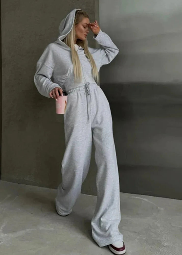 Hooded Zip Up Two Piece Set In Soft Fabric